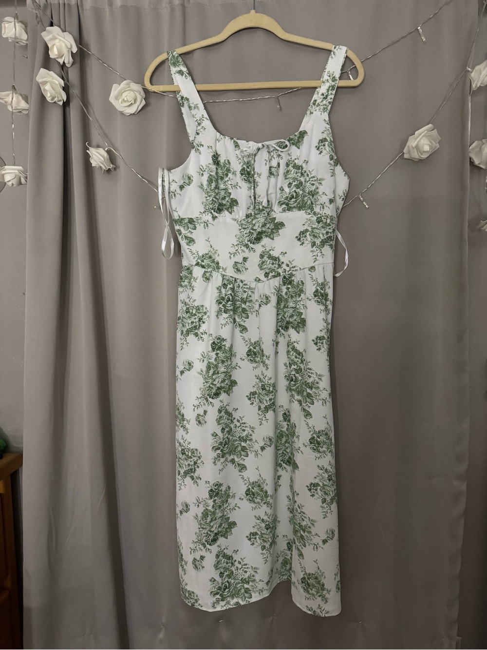 Monteau White Midi Dress with Green Floral Print